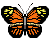 Pixelated orange butterfly with black borders and yellow spots on wings, shown in multiple poses including front, side, and angled views with varying shadows.