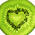 six pixelated kiwi fruit slices with heart-shaped centers, one featuring text and hearts on a green background