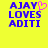 Yellow background with blue pixelated text 'AJAY LOVES ADITI' and a pink pixelated heart symbol above the 'Y' in 'AJAY'.