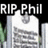 Pixelated image with 'RIP PHIL' text above a grayscale depiction of a building and greenery.