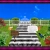 Pixelated landscape with blue sky, green fields, and a white and gray structure resembling a staircase or platform.