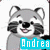 Animated raccoon-like character with gray fur, black mask stripes, and pink tongue visible in