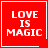 Red square icon with white text "LOVE IS MAGIC" and white border, featuring a small white heart in the top-right corner and a white asterisk in the bottom-right corner.