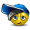 Yellow cartoon face with blue eyes wearing a tilted blue cap, showing various expressions including smiling and grinning with teeth.