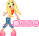 Pixelated character with long blonde hair, blue jeans, and pink platform shoes stands in front of a gray background holding pink blocks spelling 'COOL'.