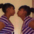 A person with dark hair in a high ponytail wears a purple and white striped shirt, shown in four sequential poses against a light beige background.