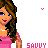 Pixelated character in pink top with long brown hair, blue eyes, and pearl necklace; text 'SAVY' appears below.