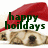 A dog wearing a red Santa hat with green text reading 'happy holidays' and 'lucie' in different frames.
