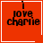 Red square icon with black text "i love charlie" and white border; four variations show different corner symbols.
