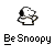 Pixelated black-and-white image of a dog with a black ear and nose, holding a brown object, with text below reading 'Be Snoopy' in blocky font.