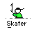 Pixel art character in green shirt and black cap holding various objects with 'Skater' text below each frame.