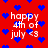 Red background with blue heart shapes and white text reading 'happy 4th of july <3' repeated across the image.