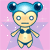 Pixelated character with blue ears and headpiece, yellow body, dark blue bow tie on pink background with purple stars.