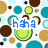 Pixelated pattern of overlapping circles in brown, teal, and yellow on white background with blue text reading 'haha', 'wait', and 'whats??' across three views.