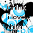 Pixelated static image with blue and black splatter effects surrounding bold text reading "i think i love him" in dark brown letters.