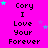 A bright pink background displays repeated text 'Cory I Love Your Forever' with scattered cyan and purple stars, showing animation changes in star positions across frames.