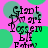 Pixelated text and green circles on a pink background with repeated character elements.