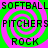 A static image with four identical featuring green and pink spiral backgrounds, black text reading SOFTBALL PITCHERS ROCK repeated in each