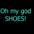 A four- shows text, a person with blonde hair and glasses, and two high-heeled shoes on black and white backgrounds