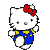 White cat with red bow and blue overalls in pixelated animation showing sequential leg movements against gray background.