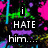 Animated pixelated text collage with shifting phrases about loving and hating someone, set against a black background with colorful splatter effects.
