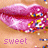 A close-up of pink lips with colorful sprinkles, displaying text variations below the image.