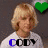 A pixelated image of a person with blonde hair wearing a white shirt, featuring changing text and heart symbols across four