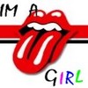 Red lips with tongue extended, white teeth, black lips, red background stripe, and multicolored text reading 'GIRL' below.