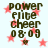 Four identical display 'power elite cheer 08-09' text with red star and heart symbols on a light background