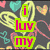 Pixelated icon with text overlays and heart symbols on a dark background, featuring multiple color schemes.