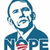Pixelated blue-and-white portrait of a man in a suit with 'NOPE' text and red/white circular symbol, one version includes 'NORAMA 08' banner.