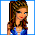 Animated contact sheet of a pixel-art female character in blue and white outfit with heart symbols, showing pose variations and text frames.