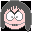 Pixelated cartoon face with pink skin, dark gray hair, and white eyes showing black pupils in different positions