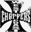 Black-and-white pixelated image of a cross-shaped emblem with bold text reading "CHOPPERS" across the horizontal arm.