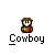 Pixelated cowboy icon with brown hat, red shirt, and green pants appears in multiple states including standing, sitting, and wearing a large white ball as a head.