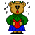 Pixelated cartoon bear wearing green sweater and blue pants with red bow tie, standing against gray background with scattered black pixels.