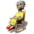 A pixelated elderly woman in a yellow dress sits on a wooden rocking chair, her head turning from left to right