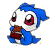 Blue cartoon character with large red eyes and white face, holding brown object in mouth against gray background.