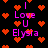Pixelated text 'I Love U Elysia' in pink and purple hues surrounded by red heart symbols on a black background.