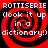 Red and black spiral pattern with white text reading "ROTTISERIE look it up in a dictionary!" repeated across four quadrants.