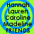 Four identical circular icons with blue concentric rings on a bright green background, each displaying stacked text names and 'FRIENDS' in black pixelated font.