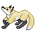 Pixel art fox with light tan fur, white chest and tail tip, dark gray legs, black ears, blue cross on forehead, standing in profile against solid gray background.