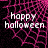 Pixelated 'happy halloween' text over pink spiderweb pattern on black background, with visible animation changes across frames.