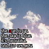 identical sky backgrounds with white clouds and a figure, overlaid with text where each word cycles through color changes