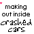 A 3x3 contact sheet of animated frames showing a pixelated text animation with "making out inside" and "crashed cars" in black, pink, and white on a transparent background.