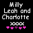 Pixelated text reads 'Milly Leah and Charlotte' with 'xxxx' below, followed by five pink and purple heart symbols on a black background.