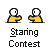 Pixel art of two yellow-shirted figures in a staring contest, with one figure's head changing from white to blue-and-white patterned and speech bubbles reading 'AHAH! A TIE!' and 'REMATCH!' on gray background.