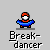 Pixelated breakdancer icon with red headwear, white face, blue arms, and orange body in four distinct poses above text.