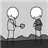 Two pixelated stick figures stand on a dark ground against light gray background; left figure holds small round object while right stands still.