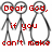 Pixelated stick figures with red text overlays on a white background, showing two states of animation.